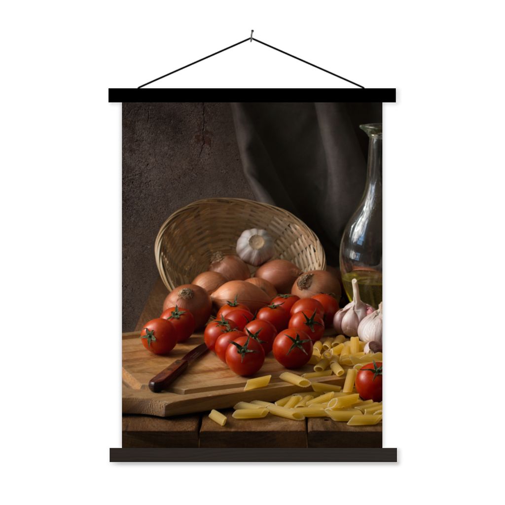 MuchoWow Textilposter Schneidebrett - Gemüse - Stillleben - Pasta - Aus - Tomate - Schneidebrett 90x120 cm mit schwarzem Rahmen - Dekoration