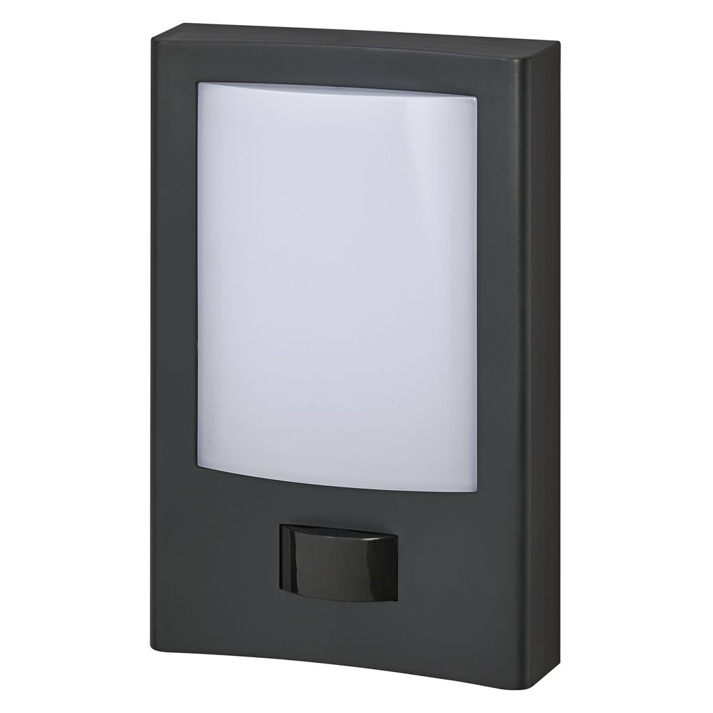 A dark gray LED outdoor light fixture with a white light panel and a black sensor.