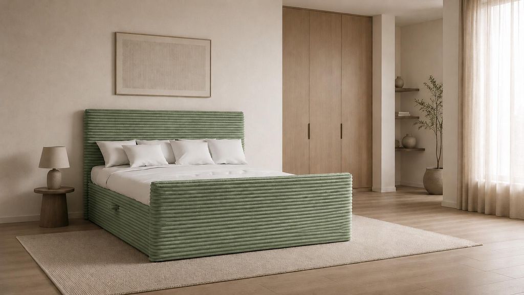 Kaiser Möbel Boxspringbett mit bettkasten und topper TRENTO stoff Plüsch Cord 180x200 cm Olive H2-Pocket