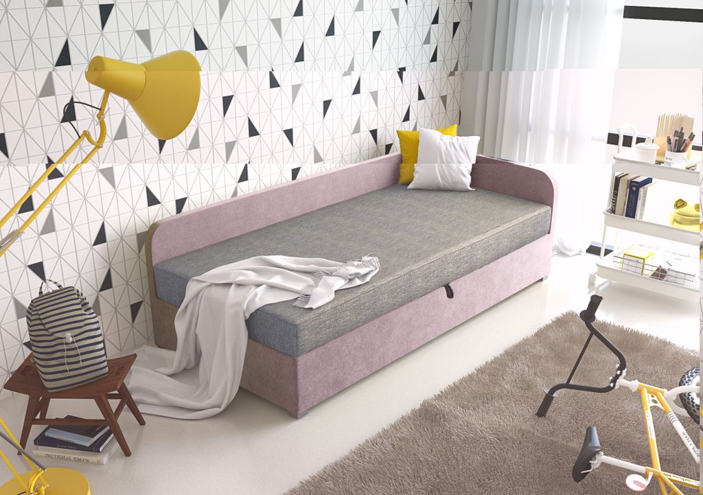 Roe Furniture | Tagesbett - UNO - 90x200 cm - Violett&Grau - Bettsofa - Jugendbett - Linke - Boxspringbett - Bett Schlafzimmer - Mit Bonell-Matratze