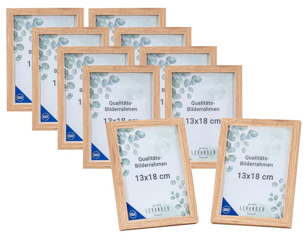 10er Set Portrait Bilderrahmen EU 13x18 Eiche Optik Natur Glasscheibe Fotorahmen Holz Picture Frame Deko Tischdeko Wanddeko Fotoaufsteller