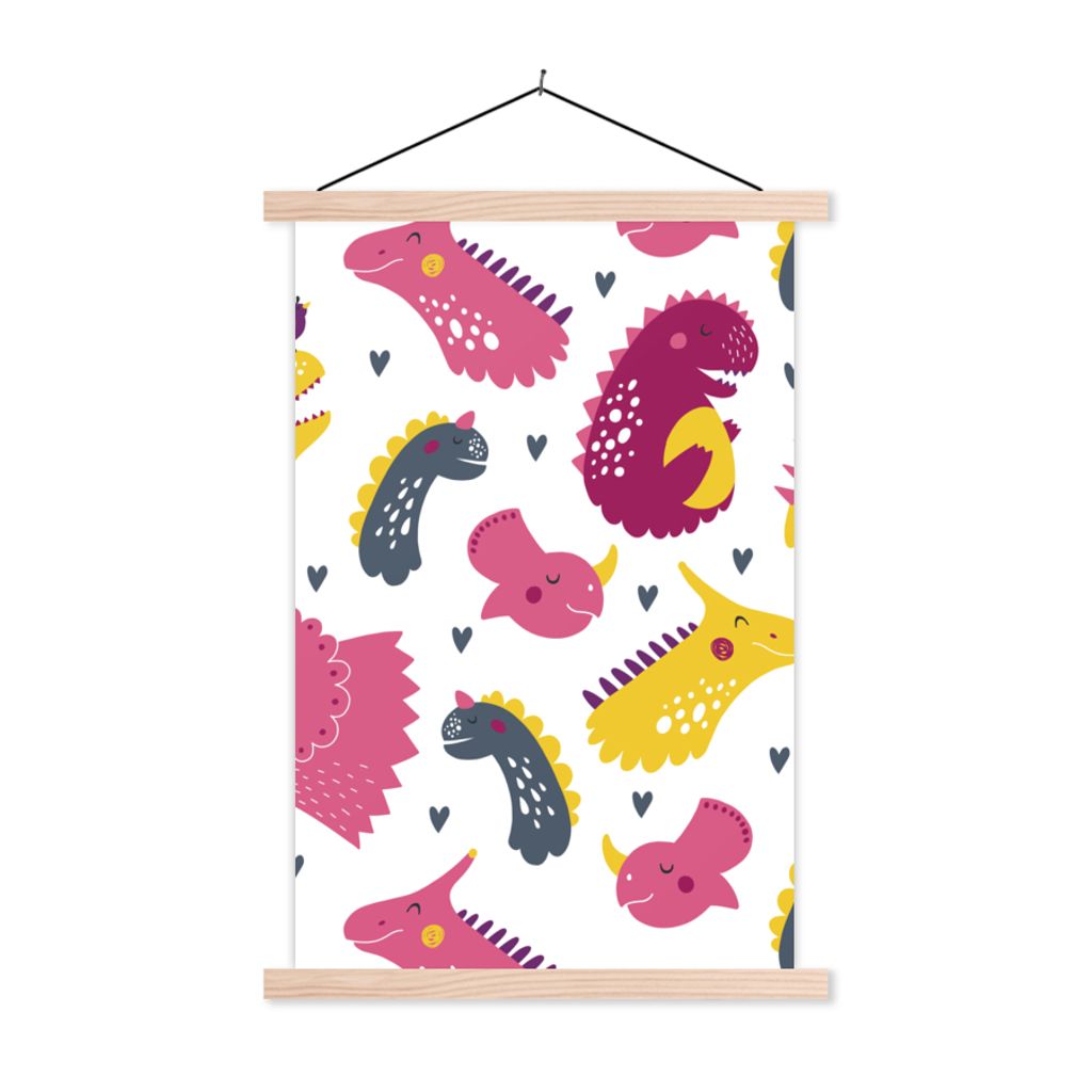 MuchoWow Textilposter Dino - Muster - Kind - Rosa - Mädchen 60x90 cm mit holzfarbenen Rahmen - Textil