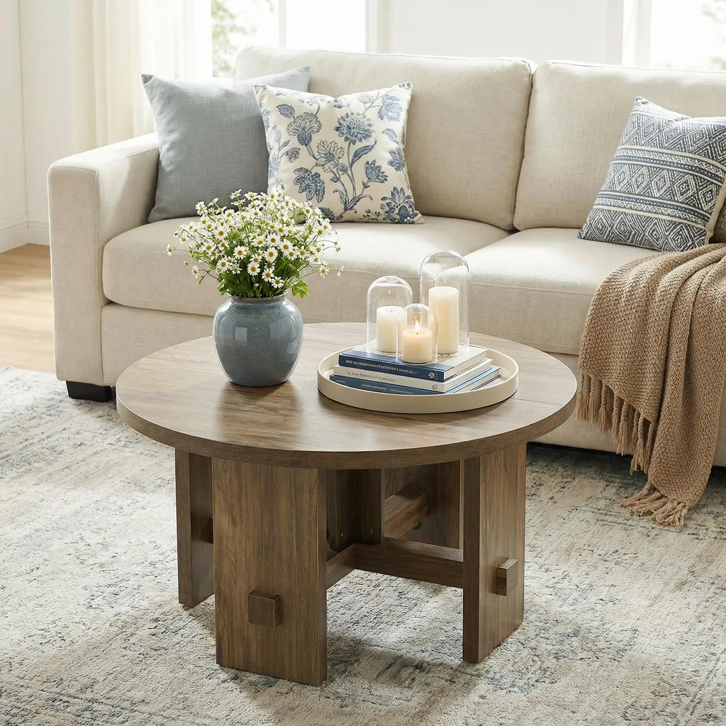 Tavolino rotondo con base, diametro 80 cm, tavolino rotondo piccolo in stile country, complemento d'arredo per soggiorno e appartamento, marrone