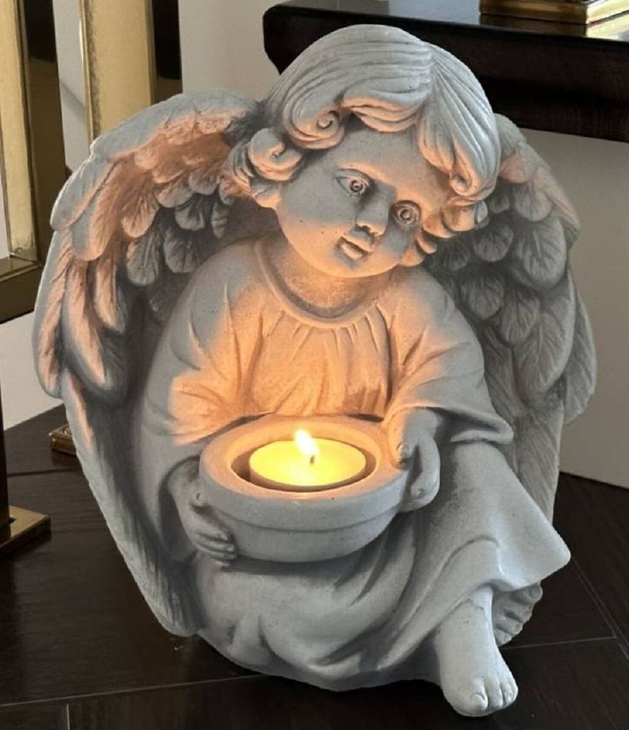 Casa Padrino Jugendstil Deko Skulptur Engel mit Teelichthalter Grau 14 x 8 x H. 22 cm - Elegante Deko Stein Figur - Wohnzimmer Deko - Garten Deko -...