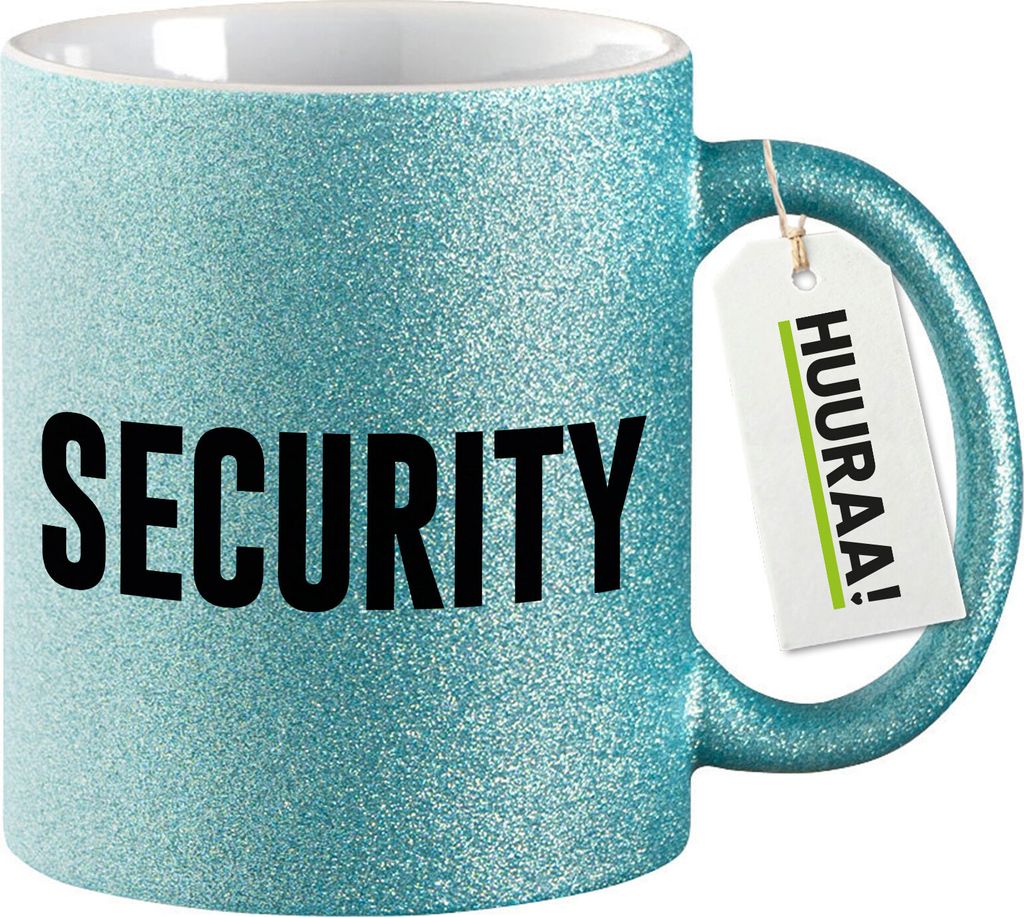 Huuraa Glitzertasse Security Schriftzug 330ml Blau Keramik Kaffeebecher Geschenkidee