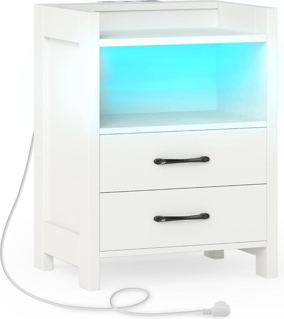 Nachttisch mit LED-Beleuchtung und Ladestation, 2 Schubladen
