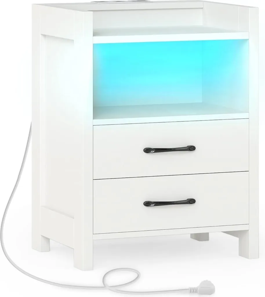 Table de nuit LED design avec ports USB et rangement double tiroir