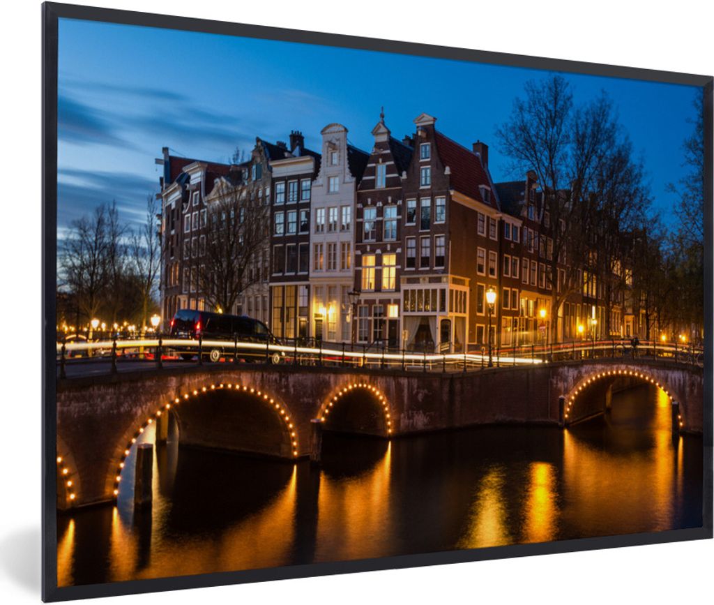 MuchoWow Gerahmtes Poster Die Keizersgracht in Amsterdam bei Nacht 30x20 cm - Poster mit Schwarzem Bilderrahmen Wandposter Rahmen Foto Bilder - K...