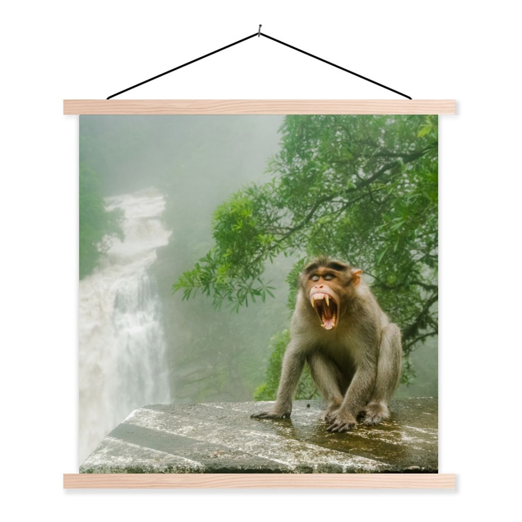 MuchoWow Textilposter Schreiender Affe vor Wasserfall 40x40 cm mit holzfarbenen Rahmen - Posterleiste