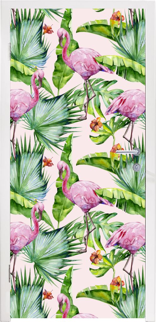 MuchoWow Türtapete Selbstklebende Türfolie Flamingo - Pflanzen - Muster 75x205 cm Türposter Türaufkleber Klebefolie Türklebefolie - XXL-Aufk...