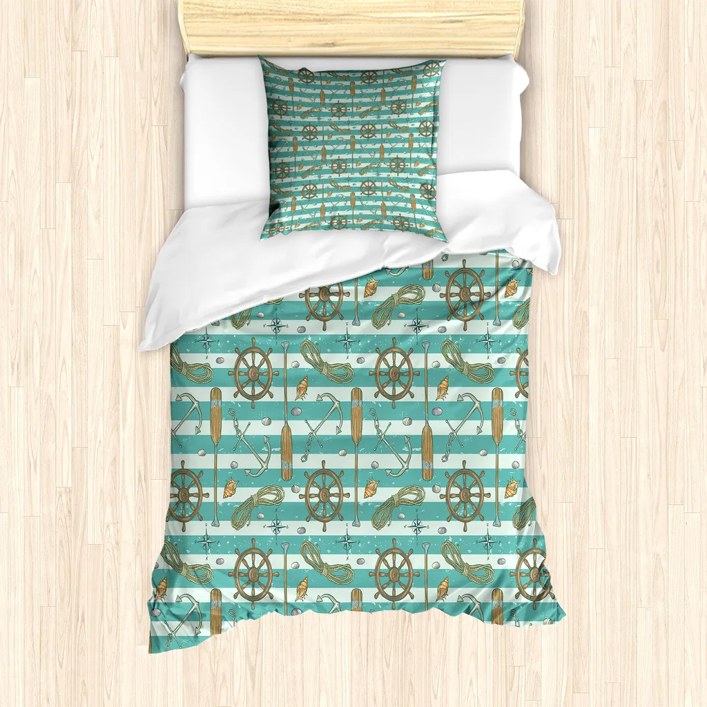 ABAKUHAUS Set copripiumino nautico per letti singoli, Grungy Wasser, antiacaro, adatto a chi soffre di allergie, con federa, 135 cm x 200 cm - 80 x 80 cm, multicolore