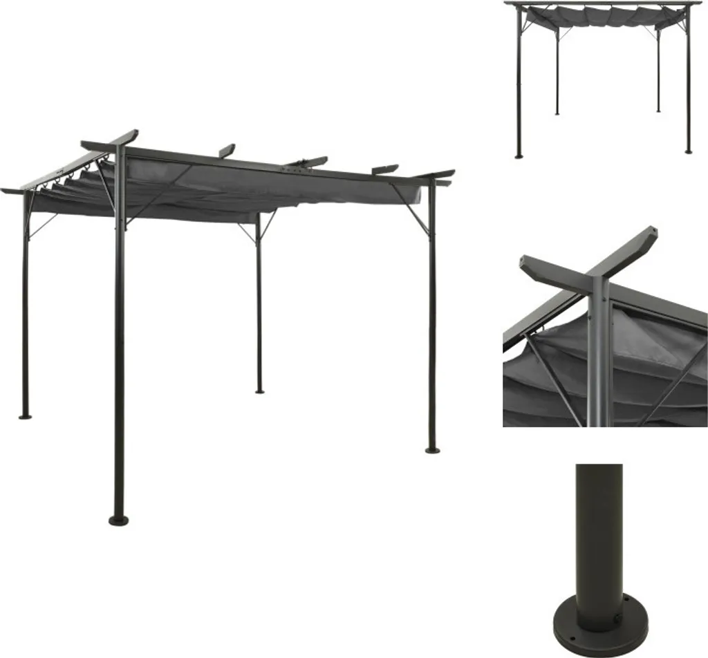 Tonnelle de Jardin 3x3 m en Acier Anthracite et Toile Coulissante Grise