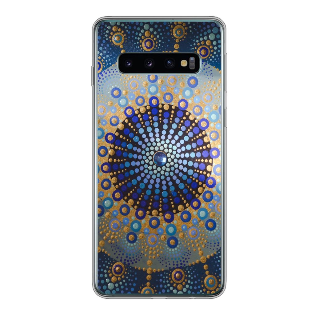 MuchoWow Handyhülle Schutzhülle Hülle für Samsung Galaxy S10 Kreis - Mandala - Blau - Gelb Silikon Softcase Handy Hülle - Handytasche