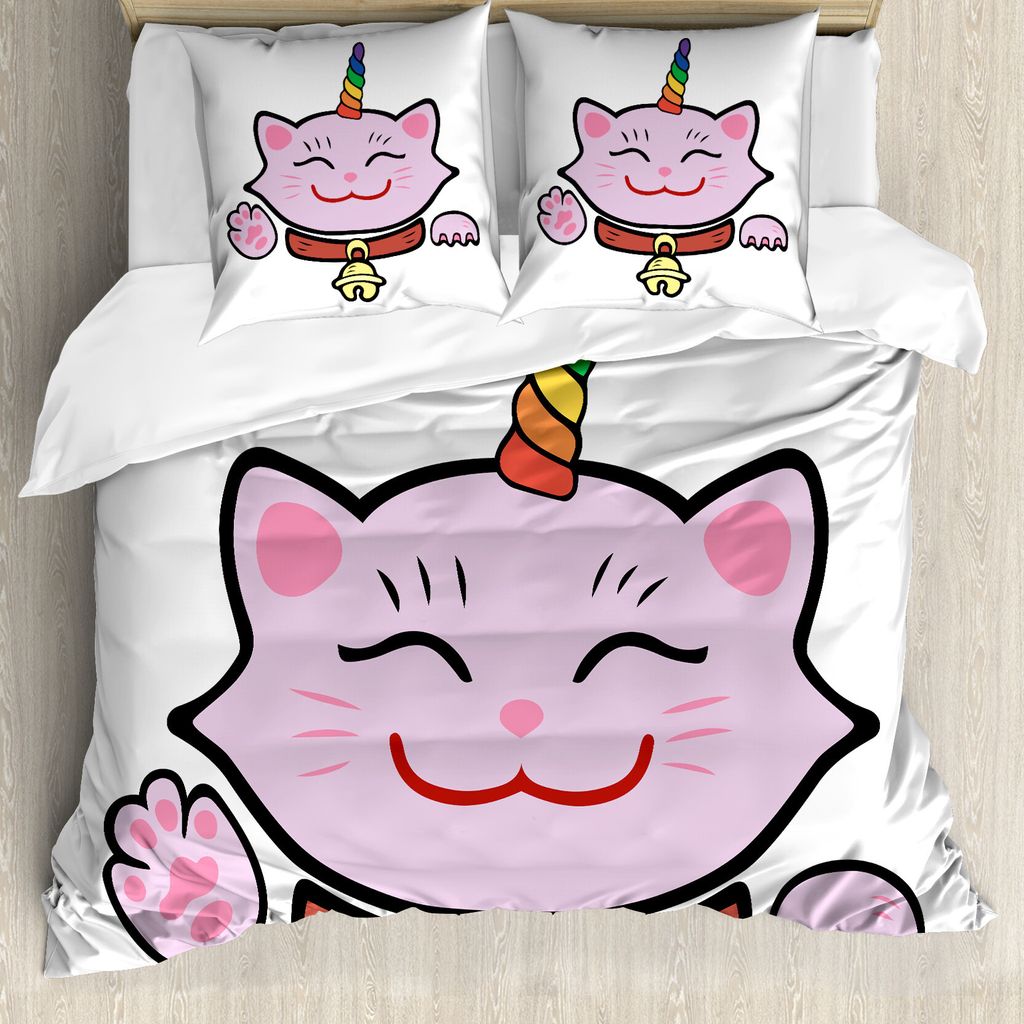 ABAKUHAUS Einhorn-Katze Bettbezug, Rosa Maneki Neko, Milbensicher Allergiker geeignet mit Kissenbezügen, 155 cm x 220 cm - 80 x 80 cm, Mehrfarbig