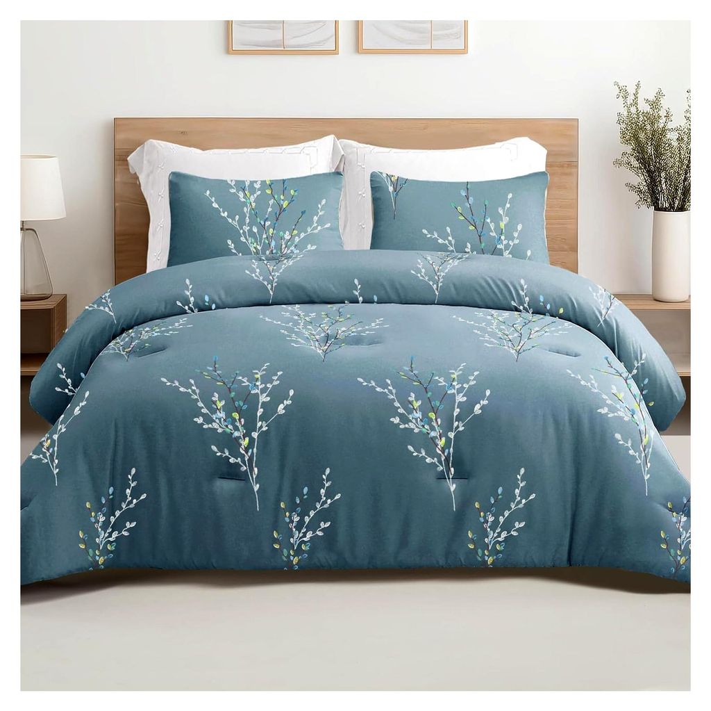 4-Jahreszeiten Bettdecke Steppdecke 200 x 200 cm mit Blumenmuster, warme und weiche Schlafdecke ohne Bezug mit 2 Kissenbezügen, Blau