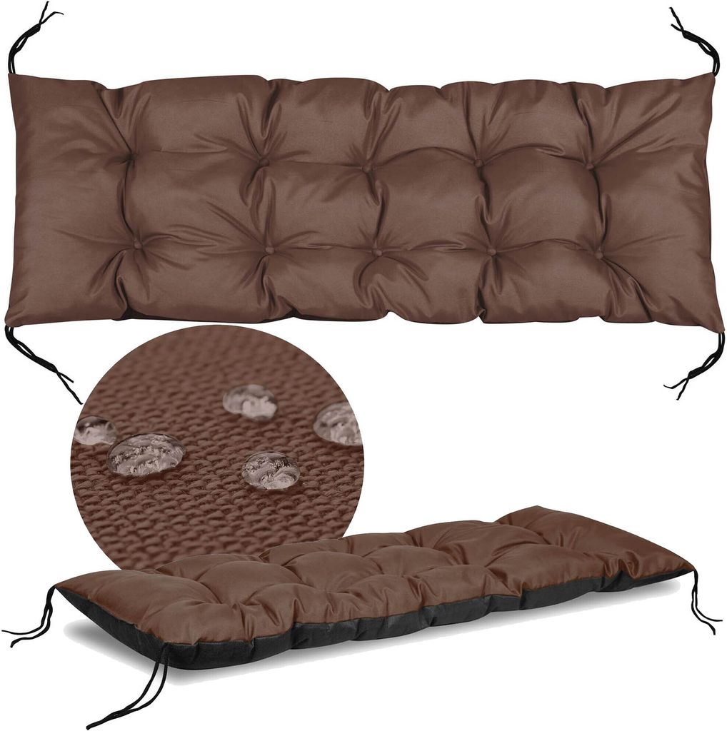 A brown tufted cushion is shown from two angles, with a close-up inset showing water droplets on the fabric.