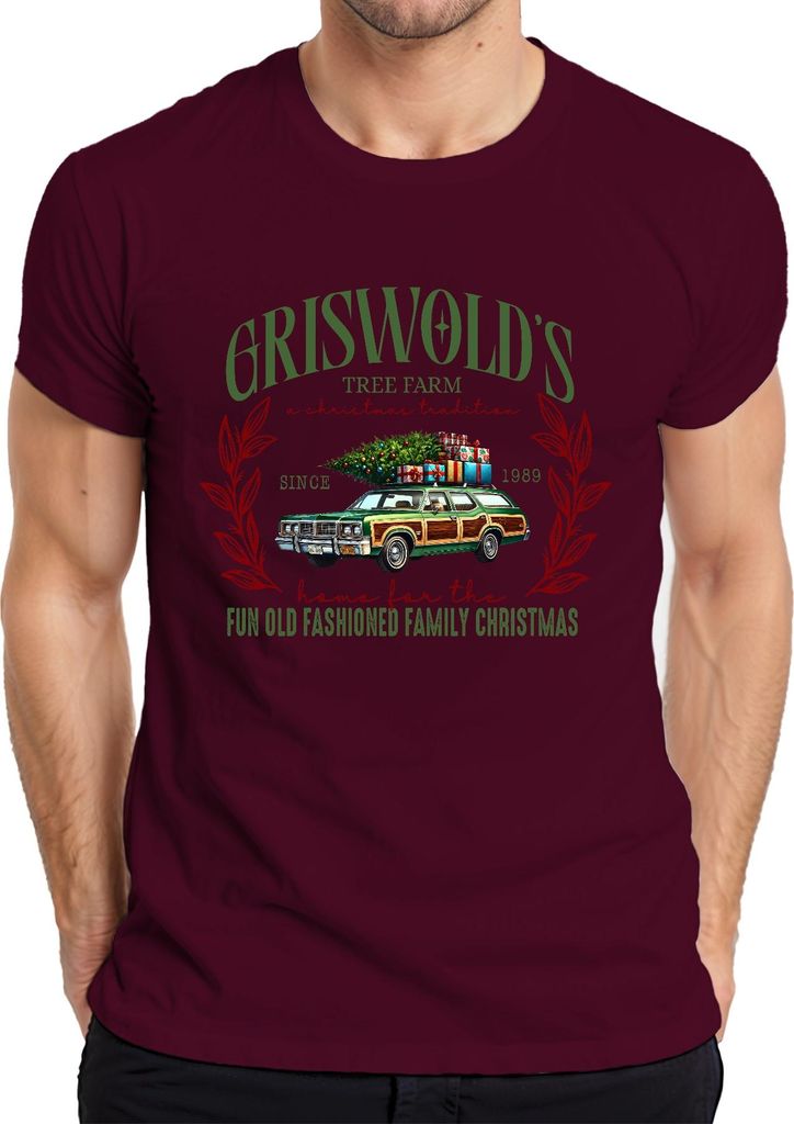 GRISWOLD'S Tree Farm Weihnachten Retro Kombi Tannenbaum Familie Herren T-Shirt, Burgundy, L