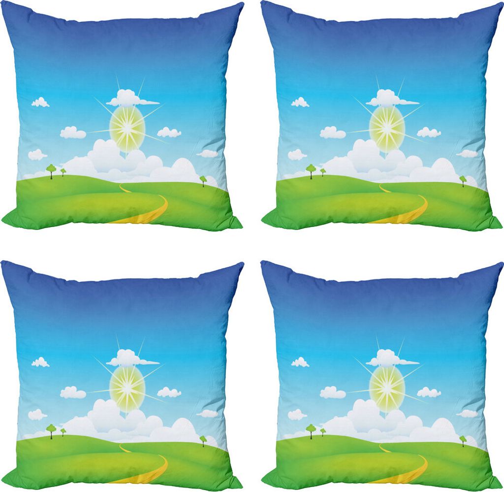 ABAKUHAUS Landschaft Kissenbezug Set (4 Stück), Grass Hill Sonne und Wolken, Moderner Doppelseitiger Digitaldruck, 50 cm x 50 cm, Azure Blue Lime ...