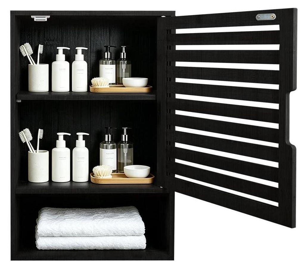 Wandmontierter Badezimmerschrank - Medizinschrank mit Einzeltür - Verstellbare Regalböden 20x40x60 cm - Über-Toilette-Aufbewahrung - Holz - Schwarz