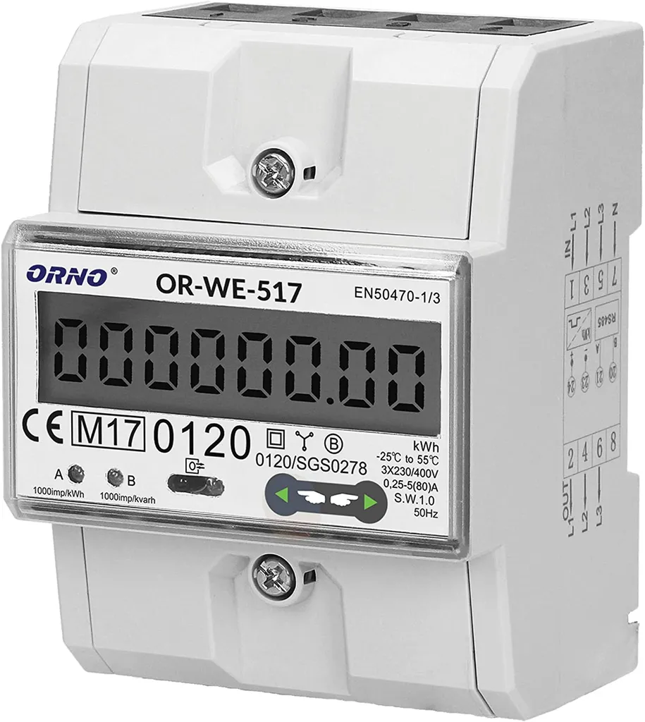 Compteur Électrique Triphasé Orno 80A avec Port RS485 Modbus MID - 5