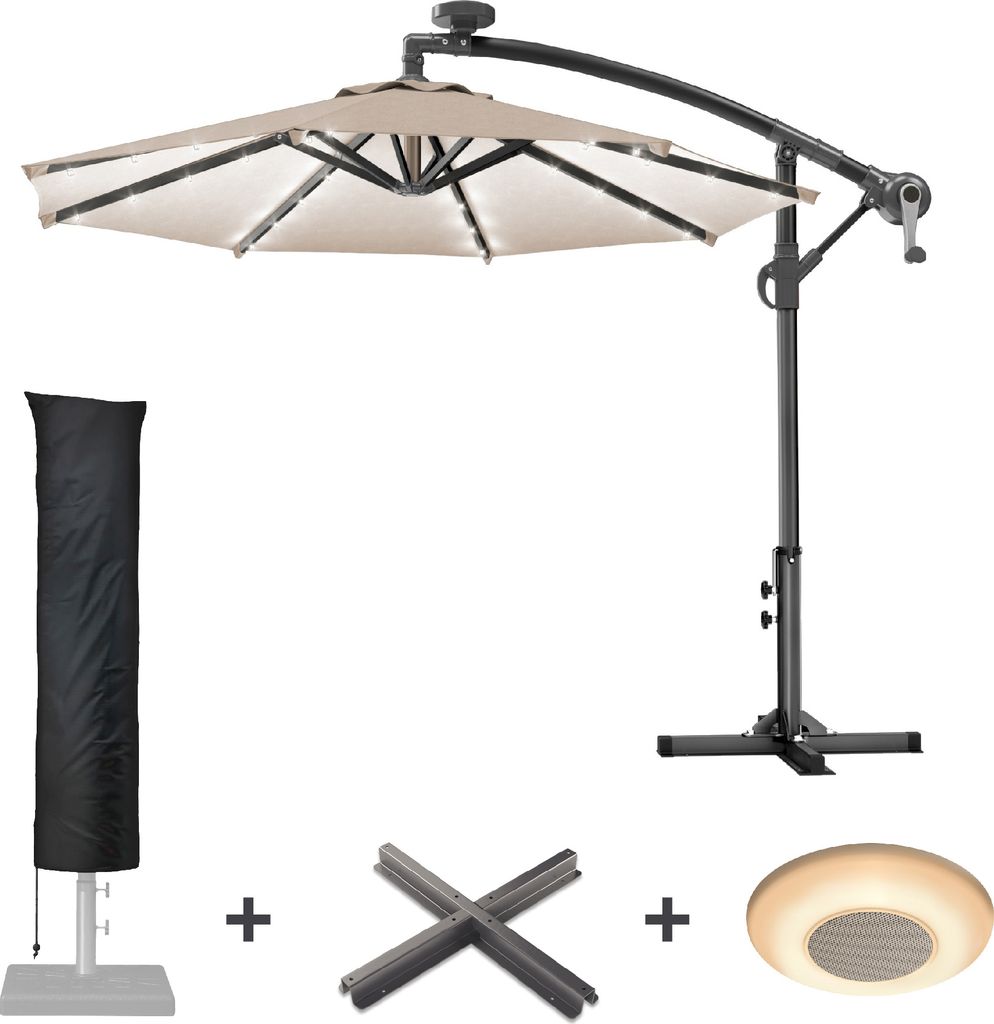 SUNSET | Sonnenschirm | Rund | Ø 300 cm | Taupe | LED | +Ständer & Hülle | Sonnenschirm, Gartenschirm, Ampelschirm, Balkonschirm