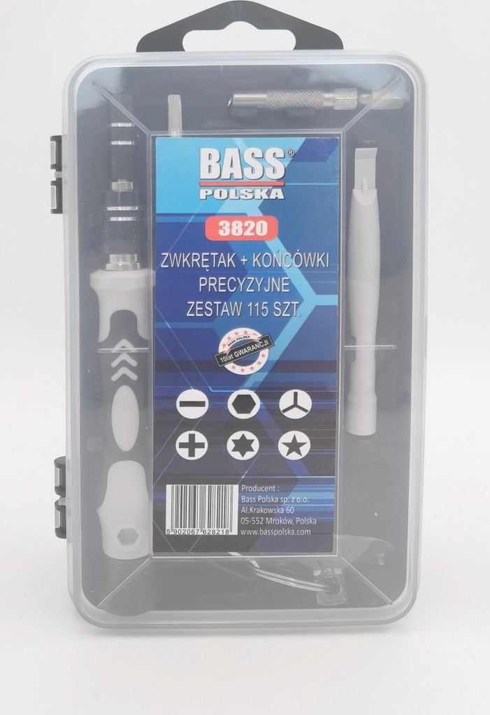 A clear plastic case containing a precision screwdriver set.