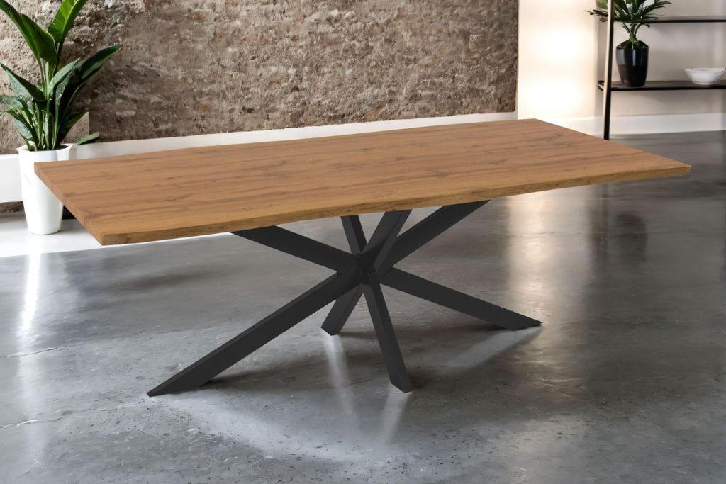 Esstisch Josy | 240 x 100 cm | Holz Wildeiche-Optik | Spider-Gestell Metall schwarz | 40 mm Tischplatte mit Baumkante | Tisch für Esszimmer & Küche