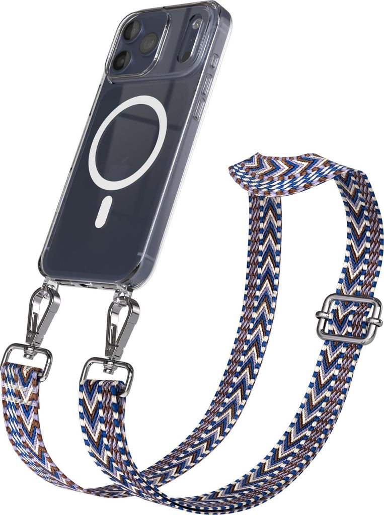 EAZY CASE - Handykette mit MagSafe Hülle für Apple iPhone 17 Pro Max, Handyband ZigZag Style, Karabiner Silber, Umhängeband in Blau