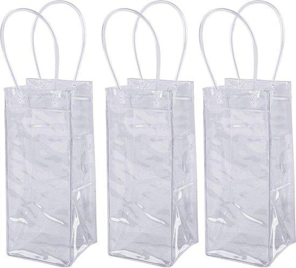 Packung mit 3 faltbaren, transparenten Weintaschen – praktische Tragetasche für Rotwein und Sekt – Familienfeiern – HTML-Inhalt erforderlich.