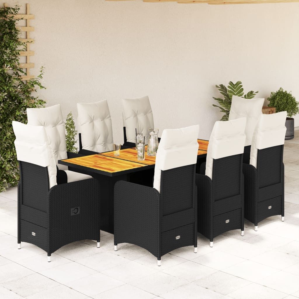 "Rabatt" 9-tlg. Garten-Bistro-Set - mit tishe & Stuhl - mit Kissen Schwarz Poly Rattan - Lounge-Dining set CC10786
