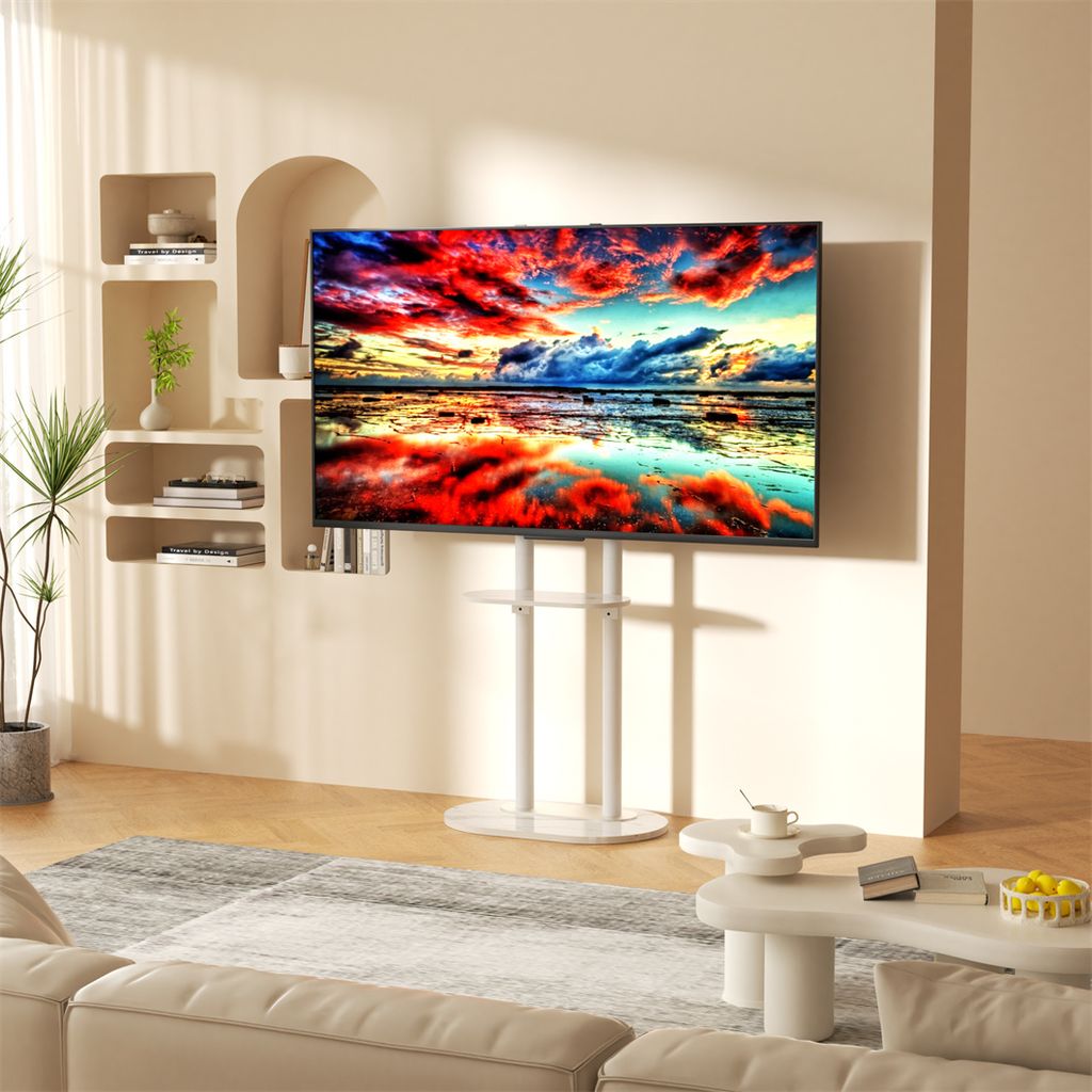 A modern living room with a TV stand holding a large television displaying a vibrant landscape image. The room features minimalist shelves and furniture.