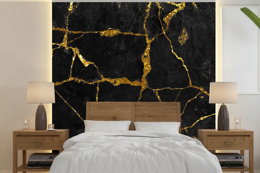 MuchoWow Fototapete für Wohnzimmer oder Schlafzimmer Wandtapete Vinyl Motivtapete Marmor - Gold - Schwarz - Marmoroptik - Glitter - 220x220 cm -...