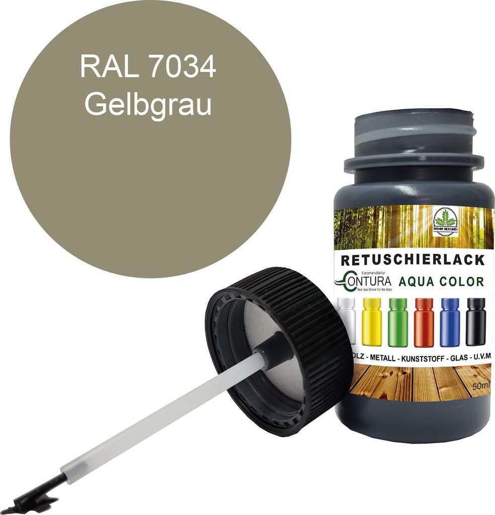 Reparaturlack Lackstift RAL Lack Pinselflasche 50ml. Farbe Holz Metall Möbel Auto Bad Retuschierlack - RAL 7034 Gelbgrau