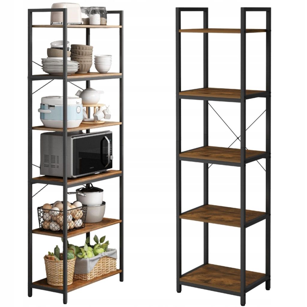Two tall, narrow shelving units are shown side-by-side against a white background. The unit on the left is filled with kitchenware, including a microwave, pots, bowls, and baskets of eggs and produce. The unit on the right is empty, showing its industrial-