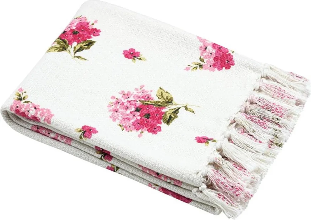 Coperta di Lana con Fiori e Frange 125x150cm | Caldo Plaid Rosa Bianco