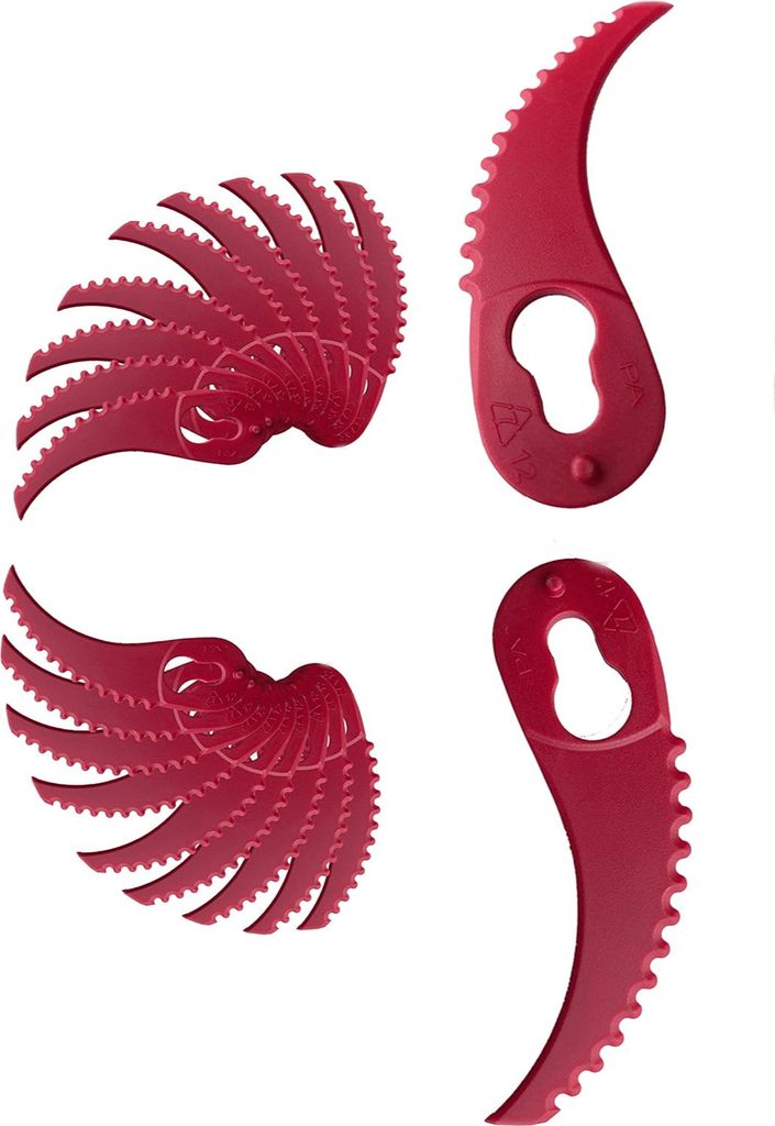A set of red replacement blades for a grass trimmer, arranged in two pairs on a white background.