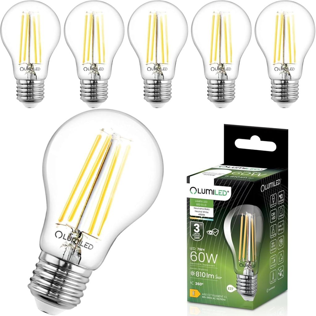 LUMILED LED Lampe 6 Stück Set E27 A60 7W ersetzt 60W 810lm Produktbild 