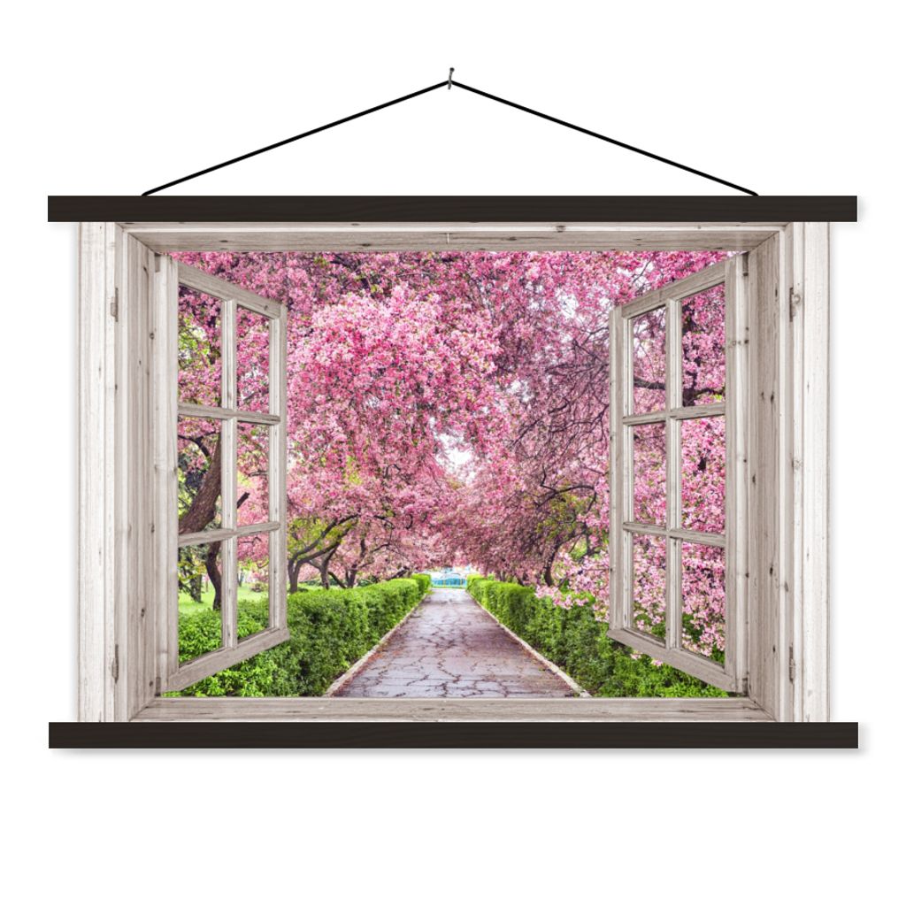 MuchoWow Textilposter Japanisch - Sakura - Blüte - Baum - Blütenzweige - Durchsichtig 120x80 cm mit schwarzem Rahmen - Wanddeko