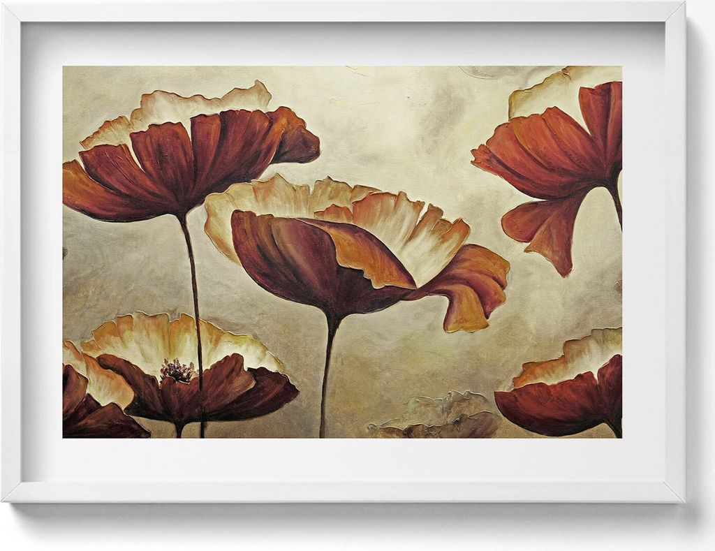 Gemalte Mohnblumen– Wandbild mit Rahmen – Gerahmtes Bild – Wanddekoration – 70x50 cm – Schwarz Rahmen