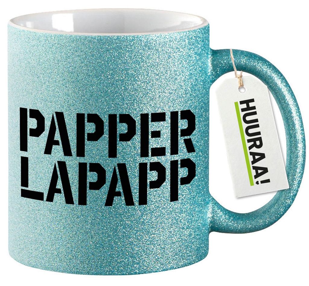 Huuraa Glitzertasse Papperlapapp Schriftzug 330ml Blau Keramik Kaffeebecher Geschenkidee