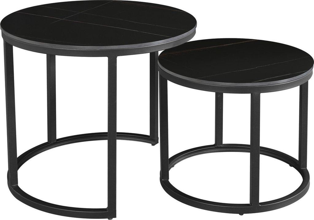 Bolt Edge Runder Couchtisch – Marmer-Look – Modern – Schwarz – 2er Set – Sinterstein – Wohnzimmer Tisch – 53/43cm