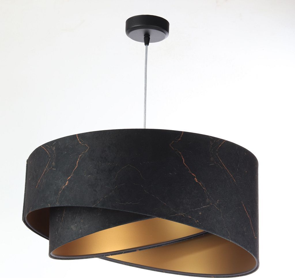 Hängelampe Stoff E27 D: 50 cm H: max. 102 cm in Weiß Schwarz marmoriert Gold rund Modern Pendelleuchte