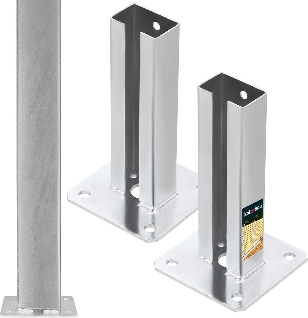 Two metal post bases with a third post base on the left, all on a white background.