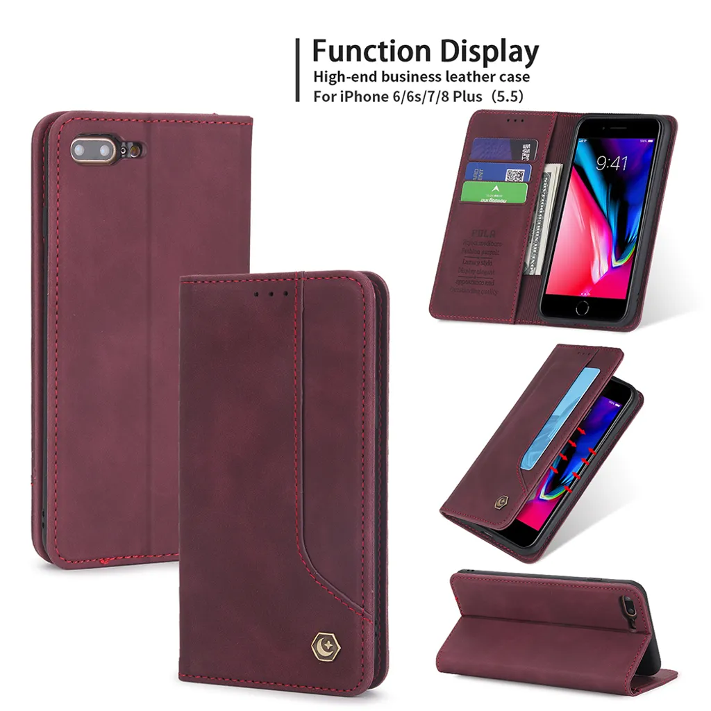Custodia retrò in Finto cuoio per iPhone 8 Plus / 7 Plus / 6 Plus / 6s Plus custodia design a portafoglio con porta carte e supporto rosso