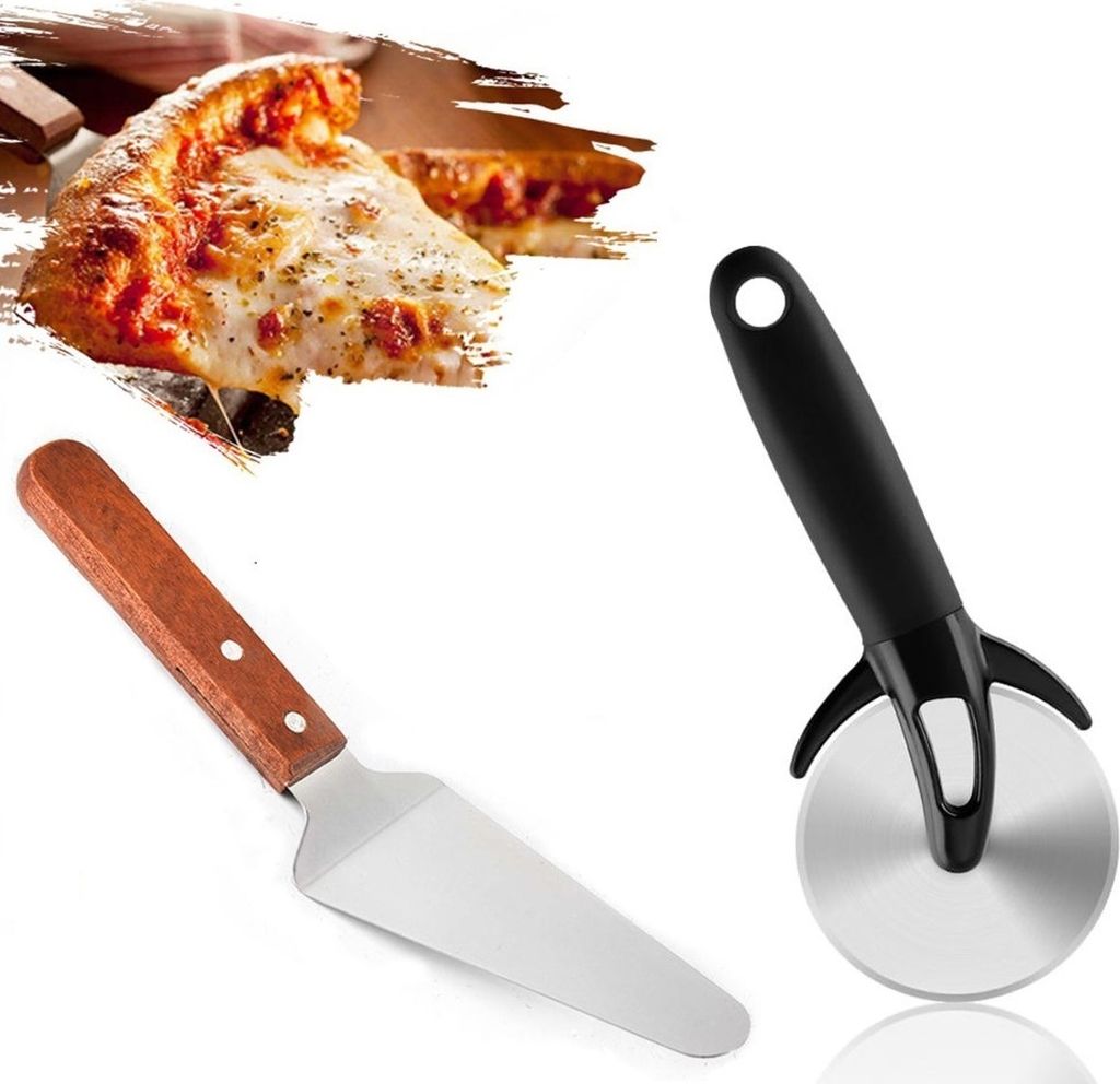 2er Set - besteht aus 1 x Pizzaschneider und 1x Pizzaheber | Edelstahl Pizzarad mit Klingenschutz inkl. Pfannenwender | Pizza Cutter und Pizzaheber...