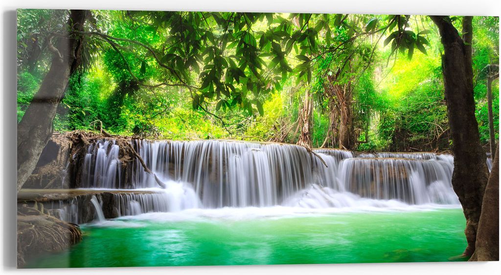 DEQORI Glasbild Echtglas 60x30 cm 'Wasserfall im Regenwald' Wandbild Bild modern Deko