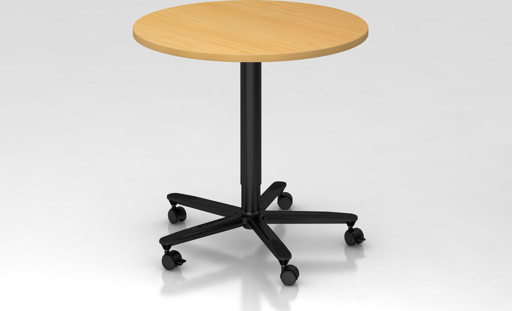 Meetingpoint Säulenhubtisch Ilari rund | Buche | schwarzes Gestell | Ø 80cm | höhenverstellbar von 72-114 cm | Taster unter Platte