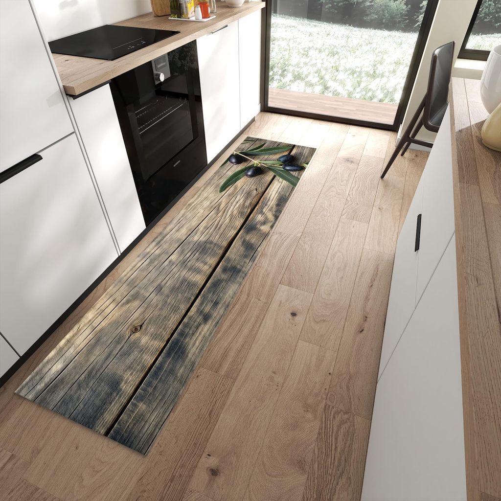 Küchenteppich 60x240cm rutschfest & abwischbar PVC Läufer - Holztisch mit Oliven