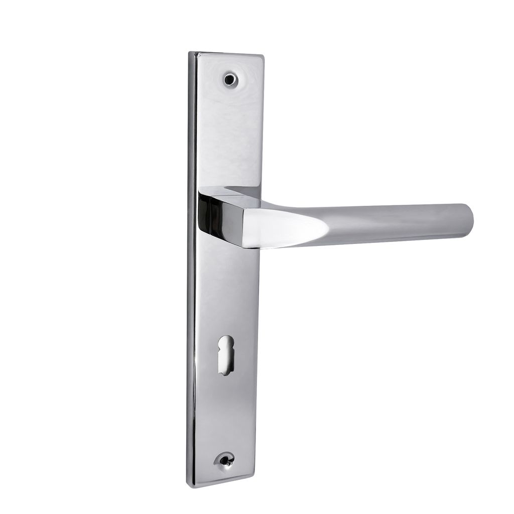 A silver door handle with a long plate and a keyhole, isolated on a white background.