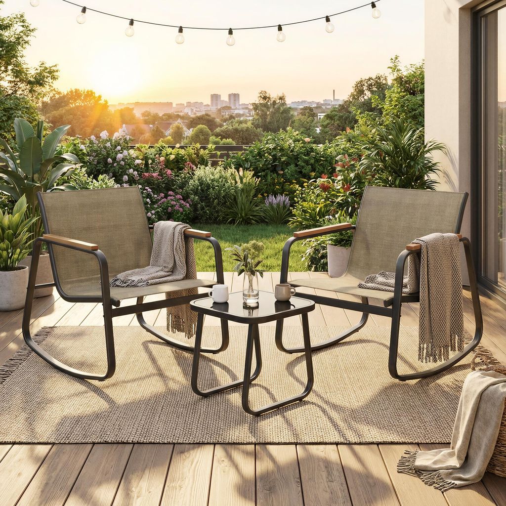 SONGMICS Gartenmöbel-Set, Balkonmöbel, 2 Schaukelstühle mit Tisch, Stahl, mit Armlehnen, atmungsaktiv, braun